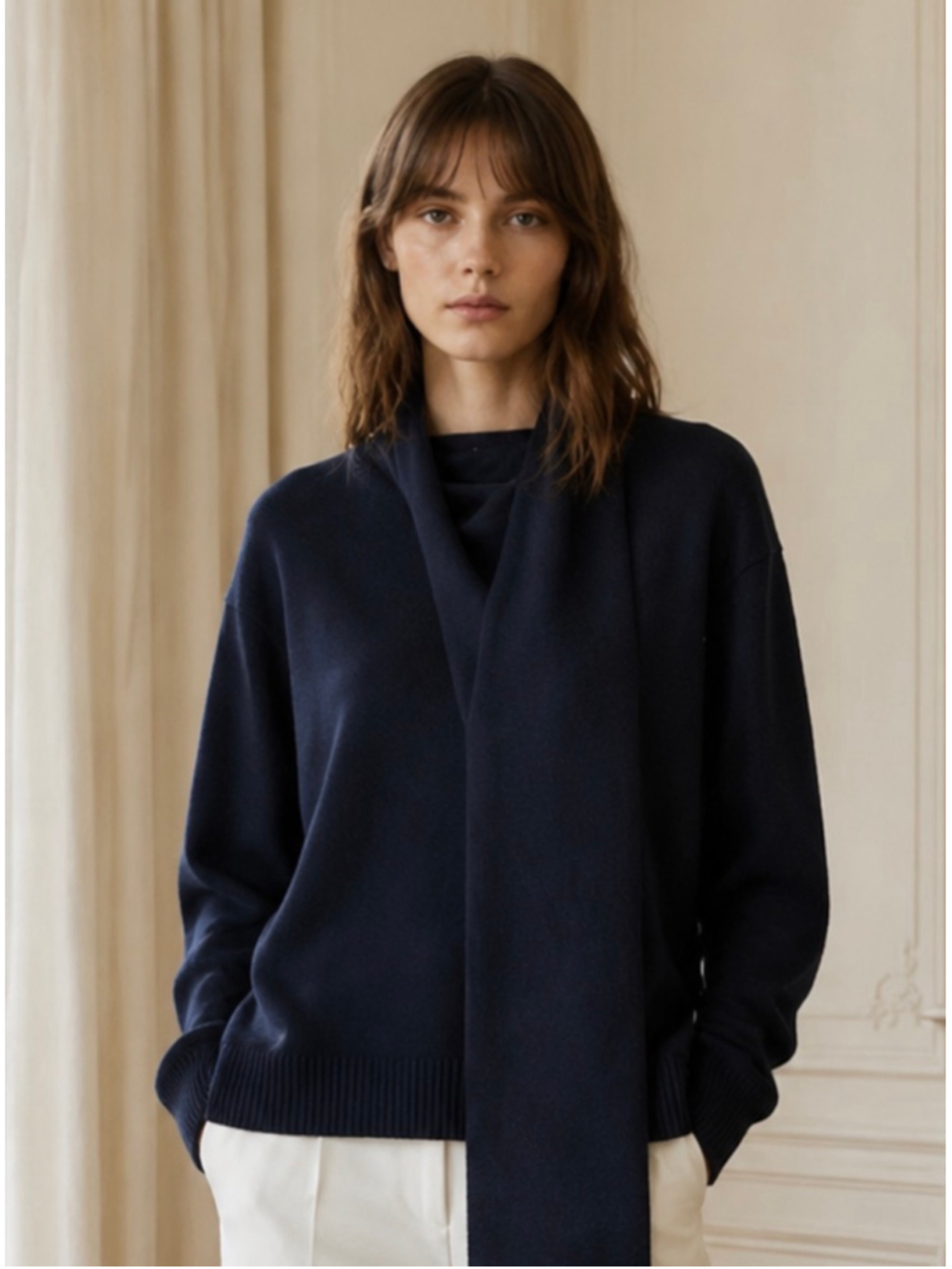 Navy Blue Cowl Neck Cashmere Wool Sweater Size M Versatile Styling new w tags